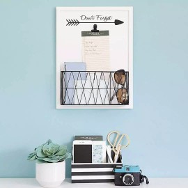 Blu Monaco Wall Mount Mail Organizer with Note Clip - White Wood with Black Metal Basket