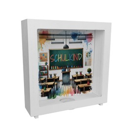 School Child Frame Wooden Money Box with Bright Colours Inscribed Like a Classroom on a School Board First Day at School
