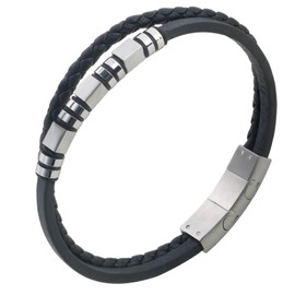 Hengbofeng Mens Bracelet Gift, Black Quality Genuine Leather Men's Bracelet Leather Stainless Steel with Clasp