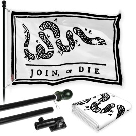 UD_G128 Combo Pack: Flag Pole 6 FT Black Tangle Free & Join or Die White Flag 3x5 FT Brass Grommets Printed Polyester (Flag Incl