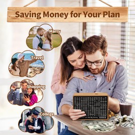 Wooden Money Saving Box, Money Box for Cash, Money Saver Box, Coin Bank Box for Boy Girl, Money Bank for Adults, Cash Vault Piggy Bank with 8 Personal Savings Challenge Targets (Gold)