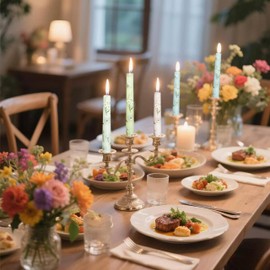 4-Pack Printed Taper Candles Unscented - Dripless & Smokeless 7-Hour Burn - 10" Hand-Poured Candles with Daisy Design for Dining, Weddings (White/Pastel Yellow/Pink/Blue)