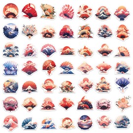 50 Pcs Japanese Vintage Sakura Fan Stickers Pack for Water Bottles, Japanese Style Fan Waterproof Vinyl Stickers for Laptop Luggage Computer Skateboard
