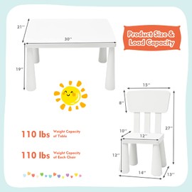 CHEFJOY Kids Table and Chairs(2 Chairs Included), 3 Piece Lightweight Plastic Children Activity Table for Preschool, Kindergarten, Playroom, Easy Clean Toddler Furniture Set for Ages 1-7 (White)