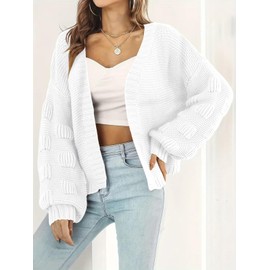 Women's 2024 Fall Open Front Long Lantern Sleeve Cardigan Oversized Chunky Outwear White