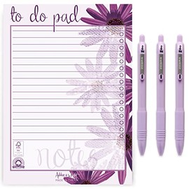 Ashton and Wright - Daily to do Pad - A5 Cape Daisy Desk Planner Organiser with 3 Pastel Purple Smooth Z-Grips