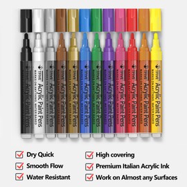 TFIVE Paint Markers Paint Pens - 12 Color Premium Medium Point Acrylic Paint Marker Pens for Rocks Painting, Metal, Ceramic, Glass, Wood, Fabric, Canvas, Mugs, Crafts Making Art Supplies