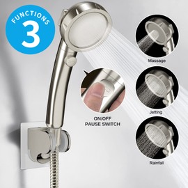 KAIYING Drill-Free High Pressure Handheld Shower Head with ON/OFF Switch, 3 Spray Modes - Brushed Nickel