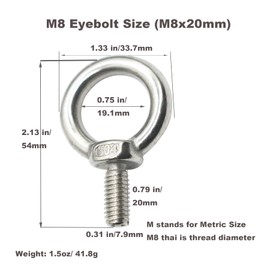 Floyutin Stainless M8 Eyebolt 0.79"(20mm) Long Male Ring Threaded Screw Lifting Shoulder Eye Bolts with Nuts Washers,10 PCS