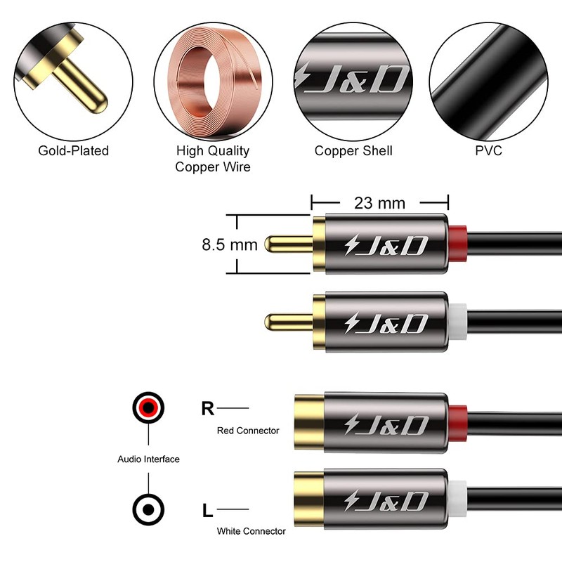 J&D 2 RCA Extension Cable, RCA Cable, Gold Plated Copper