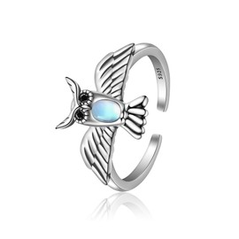 CHIC & ARTSY Night Owl Ring, 925 Sterling Silver Owl Thumb Rings Open Owl Ring Adjustable Ring for Women, Size:, Moonstone