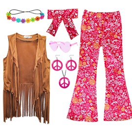 XonyiCos 8 Pcs Girls Kids 60s 70s Hippie Costume Disco Outfits Fringe Vest Boho Bell Bottoms Hippie Outfits Accessories Set (Brown, 7-8 Years)