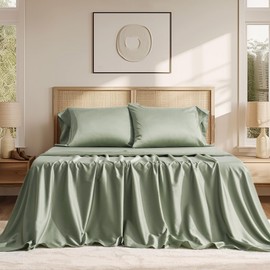 EVERGRACEHOME Cotton Tencel Cooling Sheets Set King Size for Hot Sleepers, Luxurious Silky Soft Organic Eucalyptus Lyocell Bedding 4-Piece Set, 1 Flat & 1 Deep Pocket Fitted Sheet, 2 Shams, Sage Green