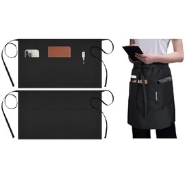 Pack of 2 Cooking Aprons, Vorbinder Apron, Black Waitress Apron with 3 Pockets, Short Kitchen Apron 70 x 40 cm for Restaurant, Bar, Café, black