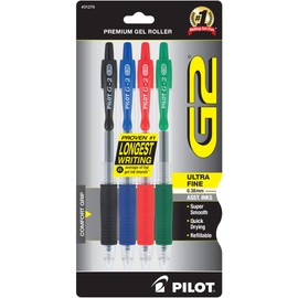 Pilot® G-2™ Retractable Gel Pens, Ultra Fine Point, 0.38 mm, Black, Assorted Barrels, Assorted Ink Colors, Pack Of 4