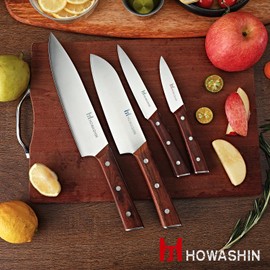 Howashin 4Pcs Chef Knife,Germen High Carbon Stainless Steel Kitchen Knife Set,Professional Natural Wood Full Handle Tang With Gife-Box