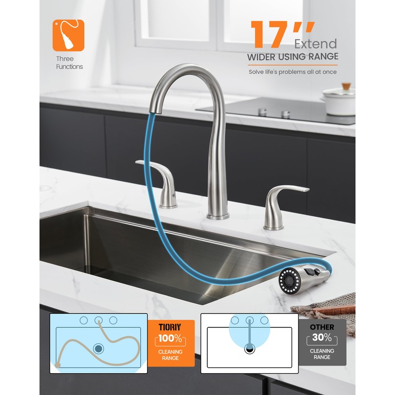 TIORIY 3 Hole Kitchen Faucet with Pull Down Sprayer, Brushed