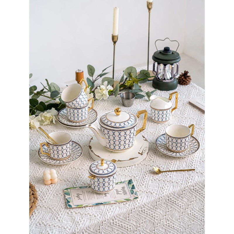 CwlwGO-7 Oz Bone China Blue Tea Cup and Saucer Service
