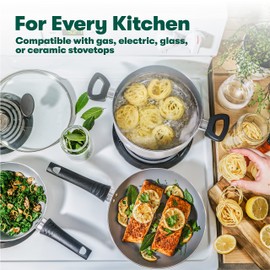 BELLA Cookware Set, 12 Piece Pots and Pans with Utensils, Nonstick Scratch Resistant Cooking Surface Compatible with All Stoves, Nylon and Aluminum, Cream