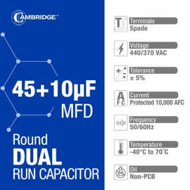 45+10uF 45/10 MFD ±5% 370/440VAC Dual Run Round AC Capacitor for A/C Motor Run, Fan Start, Condenser Run Capacitors, Heat Pump Air Conditioner Capacitor