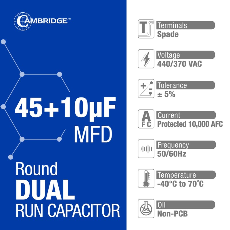 45+10uF 45/10 MFD ±5% 370/440VAC Dual Run Round AC Capacitor