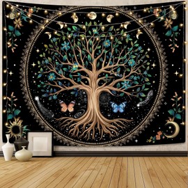 Lunerfex Tree of Life Tapastry Sun and Moon Tapastry Flower Boho Tree Tapastry Mandala Wall Hanging for Bedroom and Living Room Decor Green Tree 60×80 Inches