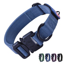 KCUCOP Heavy Duty Dog Collar - Adjustable Tactical Military Dog Collars with Metal Buckle, Quick Release, 2 D-Rings & Flag Patch for Medium & Large Dogs(Blue-L)
