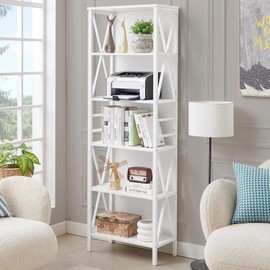 HOMISSUE Bookshelf, 6-Tier Tall Bookshelf, Rustic Wood Metal Bookshelves and Bookcases, Freestanding Open Bookshelf, Industrial Bookcase for Home Office, Living Room and Bedroom, White