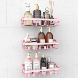 Hsiohe 3 Pack Shower Caddy, Adhesive Shower Organizer for Bathroom Storage, Rustproof Stainless Steel Shower Shelves, No Drilling, Large Capacity Shower Rack Shelf for Inside Shower, Pink