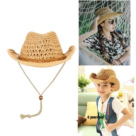 Straw Cowboy Hat Wide Brim Sun Cowgirl Summer Panama with Chin Strap Men Women Sombrero Travel Outdoor Family Khaki, One Size