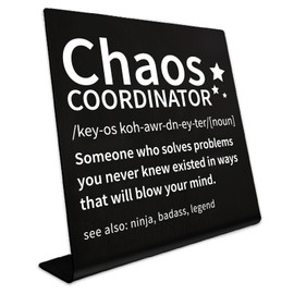 CREATCABIN Chaos Coordinator Office Desk Signs Decor Metal Sign Table Sign Funny Office Desk Gift Stainless Steel for Bar Work Cabin Women Men Employees Black 10 x 10 x 2.5 cm