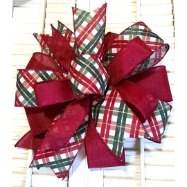 Handmade 10 " DARK RED, GREEN PLAID WIRED BOW for DOOR WREATH LANTERN # 151 rb