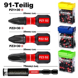 Geinxurn Pozidriv Impact-resistant Screwdriver Bits Set, 90 Pieces, 25 mm Magnetic (PZ1/PZ2/PZ3) S2 Steel Multi Driver Bits, 1 Piece 75 mm Bit Holder with Storage, Colourful Box