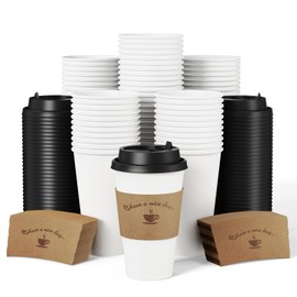 LITOPAK 100 Pack Disposable Coffee Cups with Lids and Kraft Sleeves, 16 oz White Coffee Cups for Hot Drinks