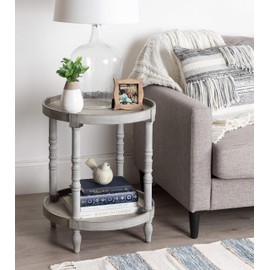Kate and Laurel Bellport Shabby Chic Round Side Accent Table or Plant Stand with Turned Legs and Lower Shelf, Distressed Gray Finish