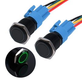 JIQI 2 x 16 mm Momentary Waterproof Pressure Switch 12 V to 24 V 3 A On/Off Button Switch with LED Lighting Black Metal Housing IP66 1NO1NC Pre-Wired Momentary Push Button for Car DIY Car (Green)