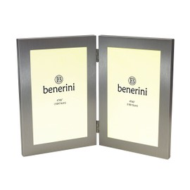 benerini Brushed Aluminium Satin Silver Colour - Twin 2 Picture Vertical Double Folding Photo Frame - Takes 2 Photos of 4 x 6 inches (10 x 15 cm) (Portrait Style)