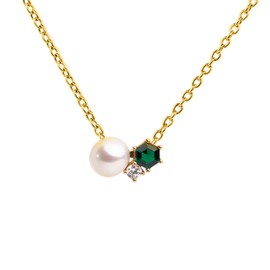 Secret & You Woolf Anhänger aus weißen Süßwasserzuchtperlen, Knopf-Typ, 6-6,5 mm, synthetischer Smaragd und Zirkonia, 925er-Sterlingsilber, vergoldet mit 18-karätigem Gold, Perle