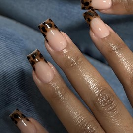 BABALAL Press on Nails Medium Square Fake Nails French Tip Brown Fall Nails with Glue Cheetah Print Design Acrylic Nails 24Pcs Squoval Manicure Artificial Nails Glossy Stick on Nails