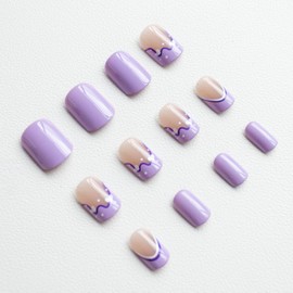 EYZOTSF Press on Nails Short Square Shaped Glossy Full Cover Acrylic Short Length Purple French False Nails with White Heart Designs Artificial Extra Short Fake Nails Glue ons Fingernails for Women