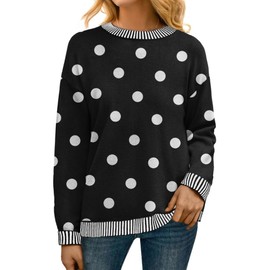PrinStory Womens Jumpers Casual Sweaters Clashing Colour Crewneck Ladies Jumpers Long Sleeve Knitwear Winter Knitted Sweatshirt Soft Pullover (Black White Dot, L)