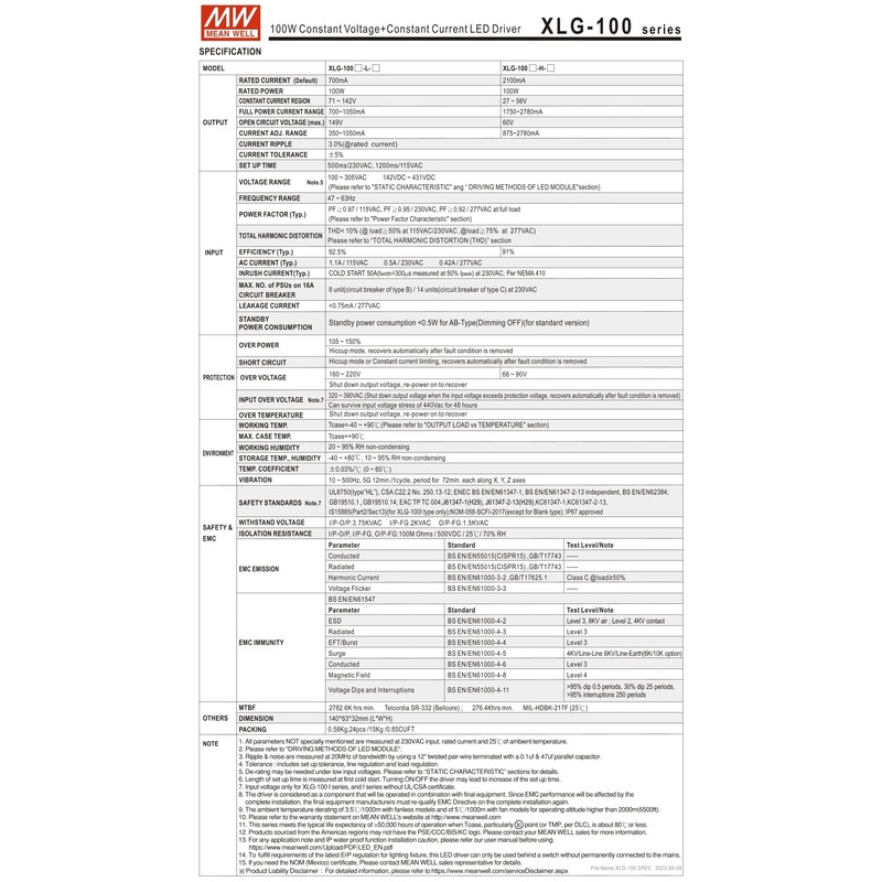 Mean Well XLG-100-H-AB 100W Constant Voltage+Constant Current LED Driver 2100mA