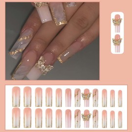 Long Press On Nails Square Fake Nails Butterfly Charms With Gold Glitter Design Ombre False Nails Acrylic Nails Reusable Stick On Nails Full Cover Nail Decorations For Women 24pcs