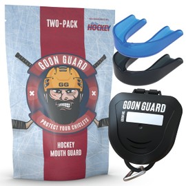 Goon Guard - Protector bucal de hockey sin tirantes - Protector bucal de hockey para jóvenes y aparatos ortopédicos: 2 veces la absorción de impactos, fabricado en los Estados Unidos, funda incluida (disco negro y azul estanque)