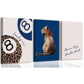 Navy Blue 3 Pcs Leopard Print Canvas Wall Art Cheetah animal prints 8 Ball Lucky Me pictures Trendy Wall decor Y2k aesthetics painting artwork for Apartment Dormitory College Decoration 12x16in
