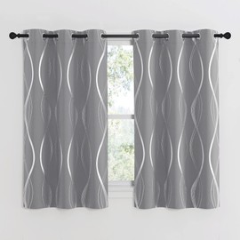 NICETOWN Kitchen Blackout Curtain Panels, Silver Grey, Set of 2, 34 by 54 Inch, Window Treatment Thermal Insulated Solid Grommet Blackout Wave Line Foil Print Design Curtains for Kitchen, Cafe, Loft
