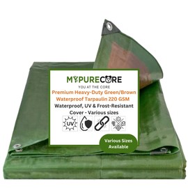 MYPURECORE Heavy-Duty Tarpaulin 220 GSM – Waterproof, Dual-Colour Green/Brown, Reinforced Eyelets Every 50cm, Ideal for Camping, Garden, Greenhouse, Outdoor Furniture, Trailers & Sheds (2m x 2m)