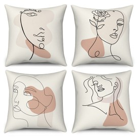 ASDCXZ Boho Cushion Cover 40 x 40 cm Set of 4 Abstract Boho Style Girls Face Sofa Cushion Cover Decorative Cushion Covers Washable Polyester Flax Textile Outdoor Cushion Pillowcase