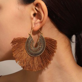 Inateannal Boho Tassel Hoop Earring Fan Tassel Drop Earrings Gold Round Filigree Earrings Vintage Ethnic Fringe Earrings Large Statement Tassel Earrings Jewellery for Women Girls, Zinc, No Gemstone
