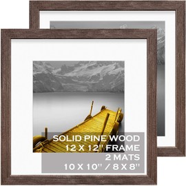 12x12 Picture Frames Wood Rustic Brown Display Pictures 10x10 or 8x8 with Mat or 12x12 without Mat – Each 12x12 Inch Square Photo Frames with 2 Mats Distressed for Wall or Tabletop Mount, Set of 2